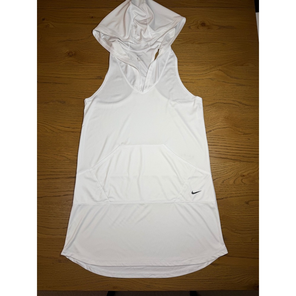 Nike Womens White Sleeveless Hooded Tank Dress Racerback Kangaroo Pocket V-Neck